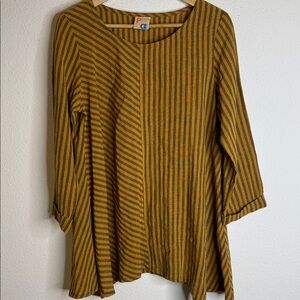 PUA Naturally Striped Mustard and Brown Long 20 Inch Sleeve blouse large NWOT